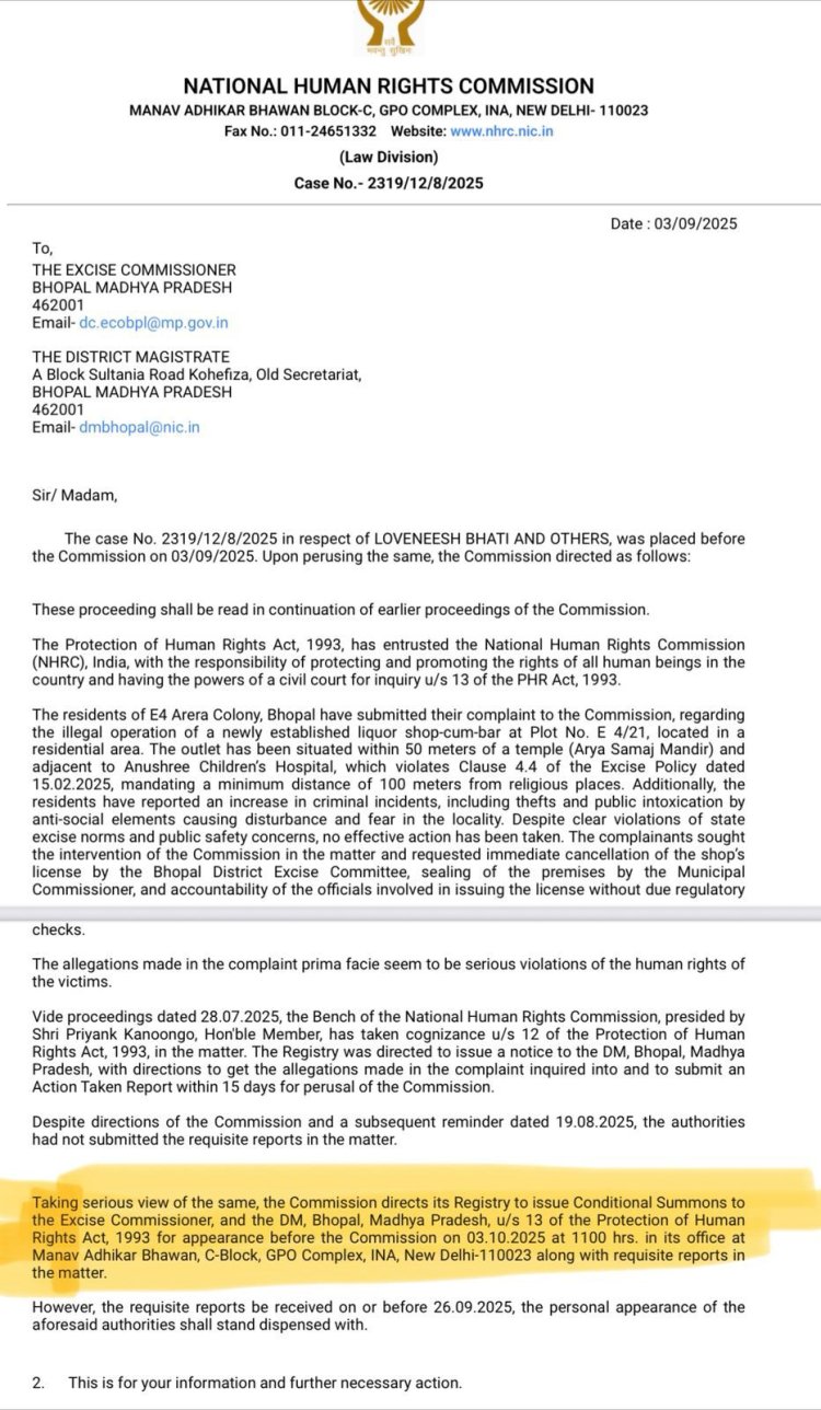 Bhopal: आर्य समाज मंदिर के पास शराब दुकान पर NHRC सख्त, आबकारी आयुक्त और कलेक्टर को समन जारी
