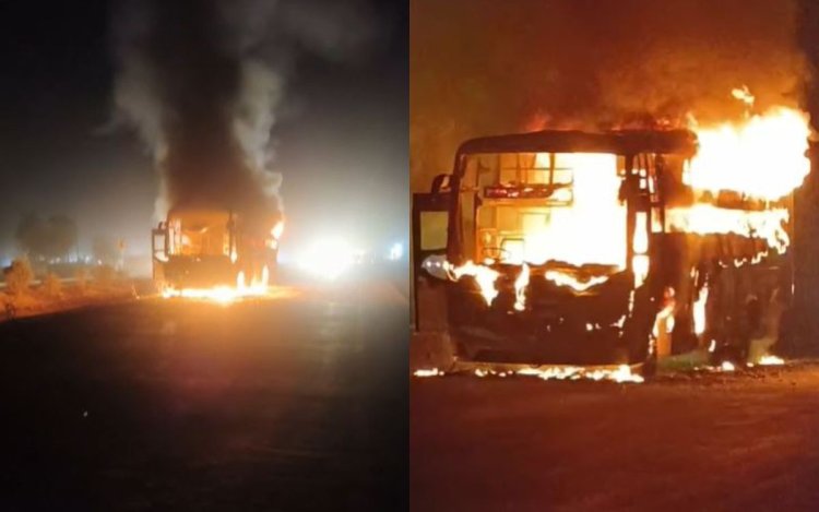 मैहर में चलती यात्री बस में लगी भीषण आग, ड्राइवर-कंडक्टर ने कूदकर बचाई जान