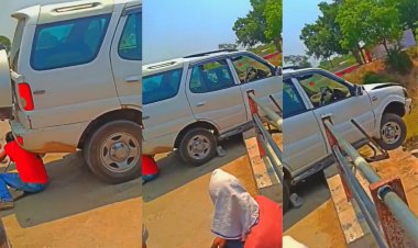 स्टंट करते समय अनियंत्रित हुई कार, रेलिंग तोड़कर हवा में लटकी सफारी