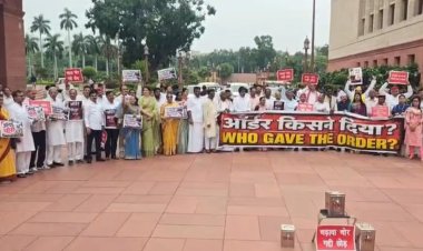 Parliament Monsoon Session: राममंदिर चढ़ावा चोरी पर संसद परिसर में विपक्ष का प्रदर्शन